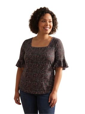 BOUTIQUE XXL Black Red Blue Pink Floral Knit Top Ruffle Sleeve